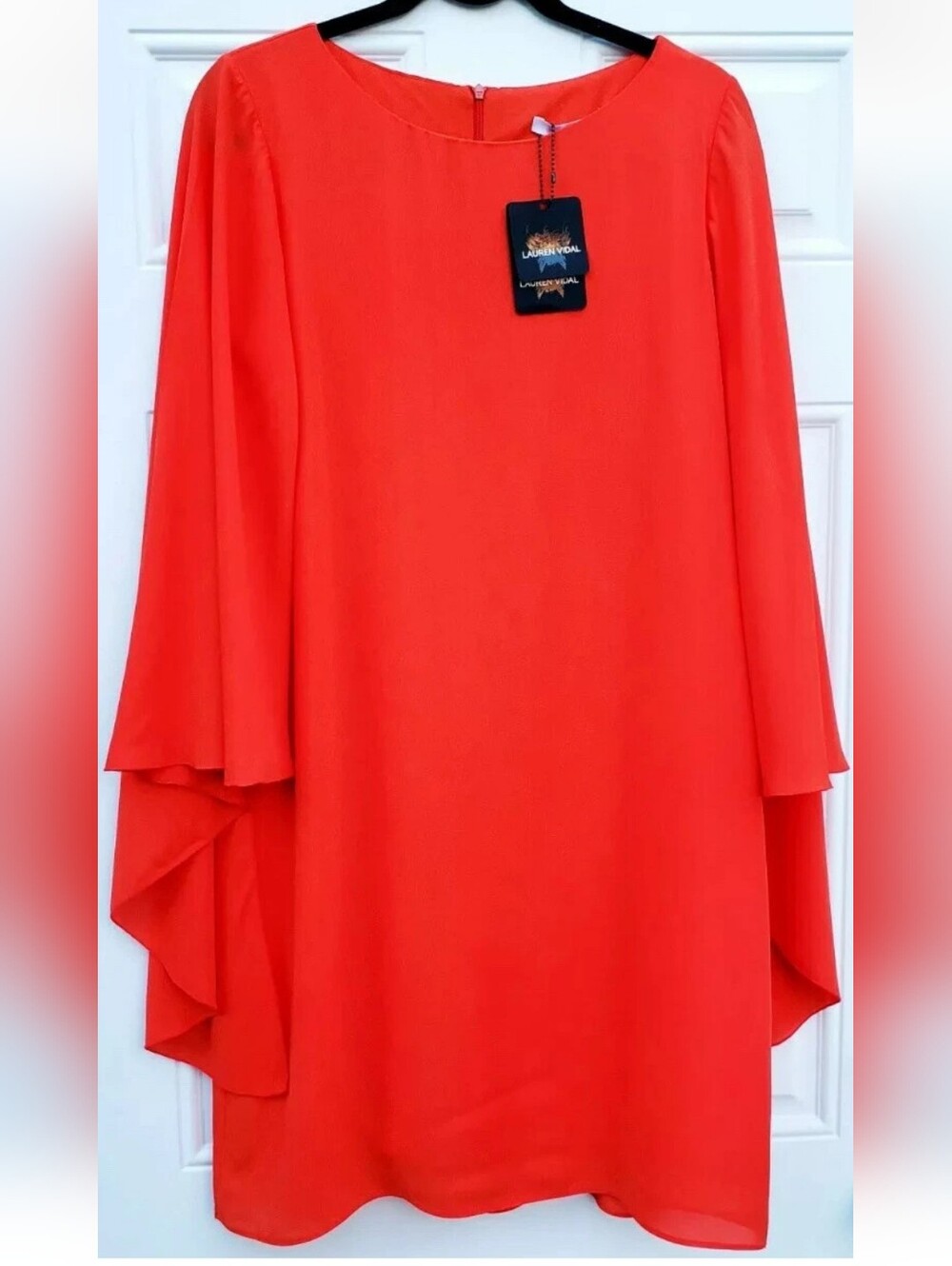Lauren Vidal Long Split Ruffle-Sleeve Cocktail Dress - Size S - Coral - NWT